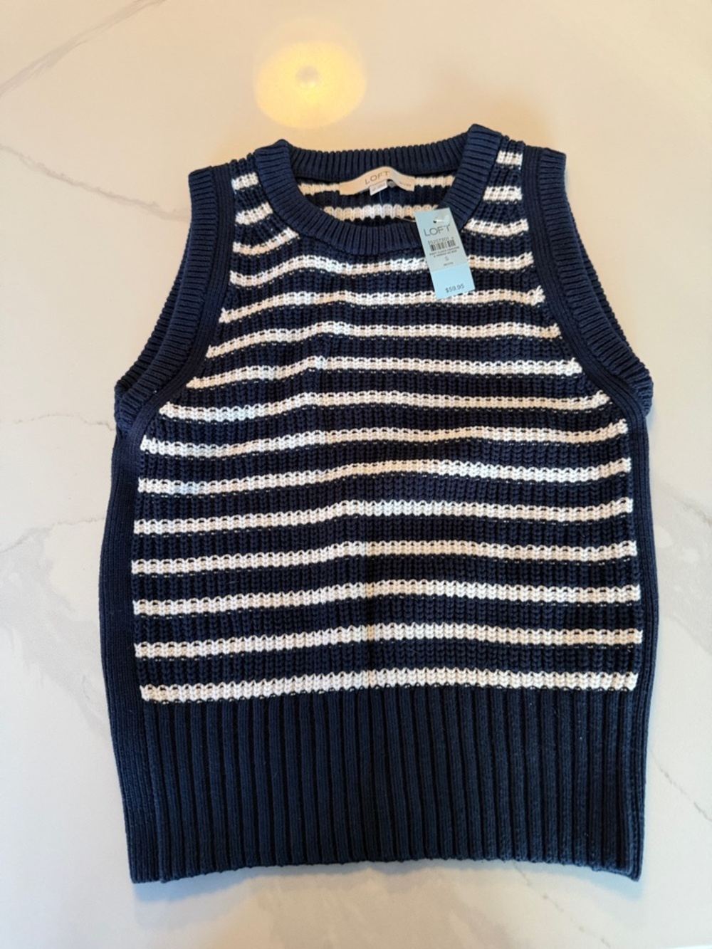 LOFT Navy and White Striped Knit Sleeveless Top